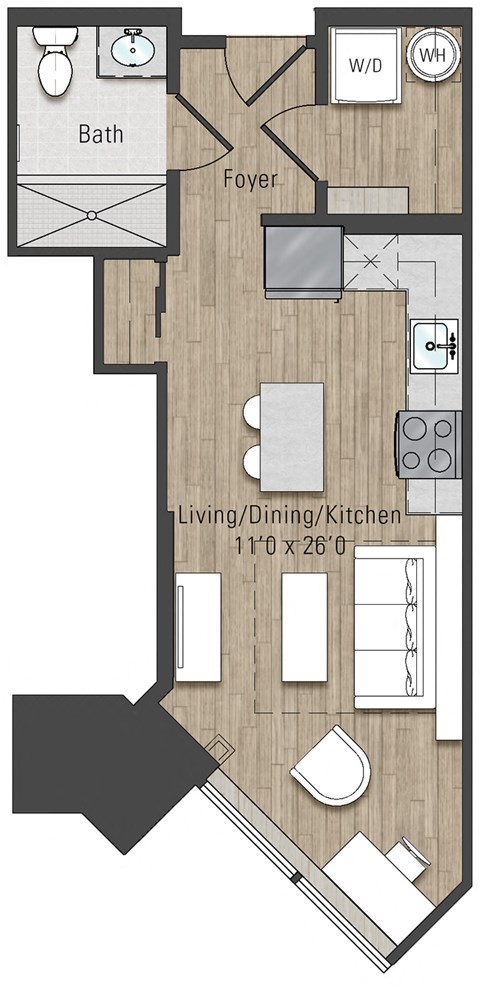 Floor plan for studio, 1 bath, 425 sqft